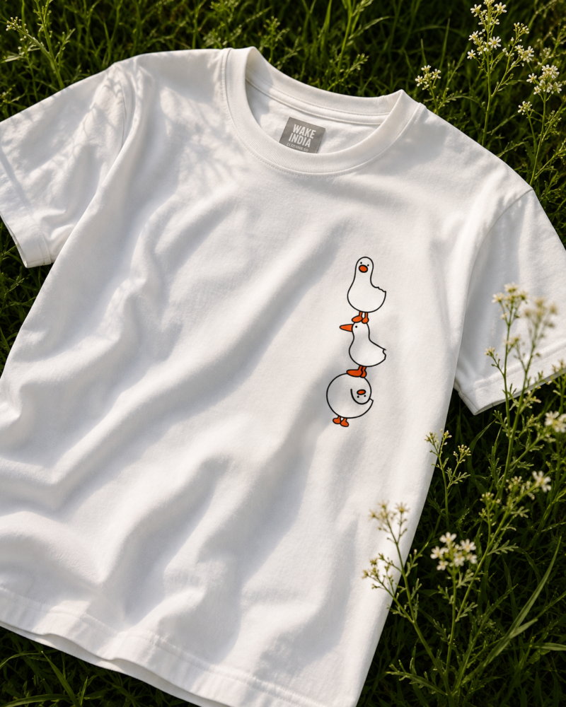 Wake India Oversized White T-Shirt | 180 GSM Cotton | Cute Duck Graphic Printed Tee | Unisex Relaxed Fit Streetwear T-Shirt for Men & Women